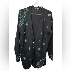 Le Chois Cardigan Medium Black Embellished Knit Sweater Silver Blue Beads NWOT